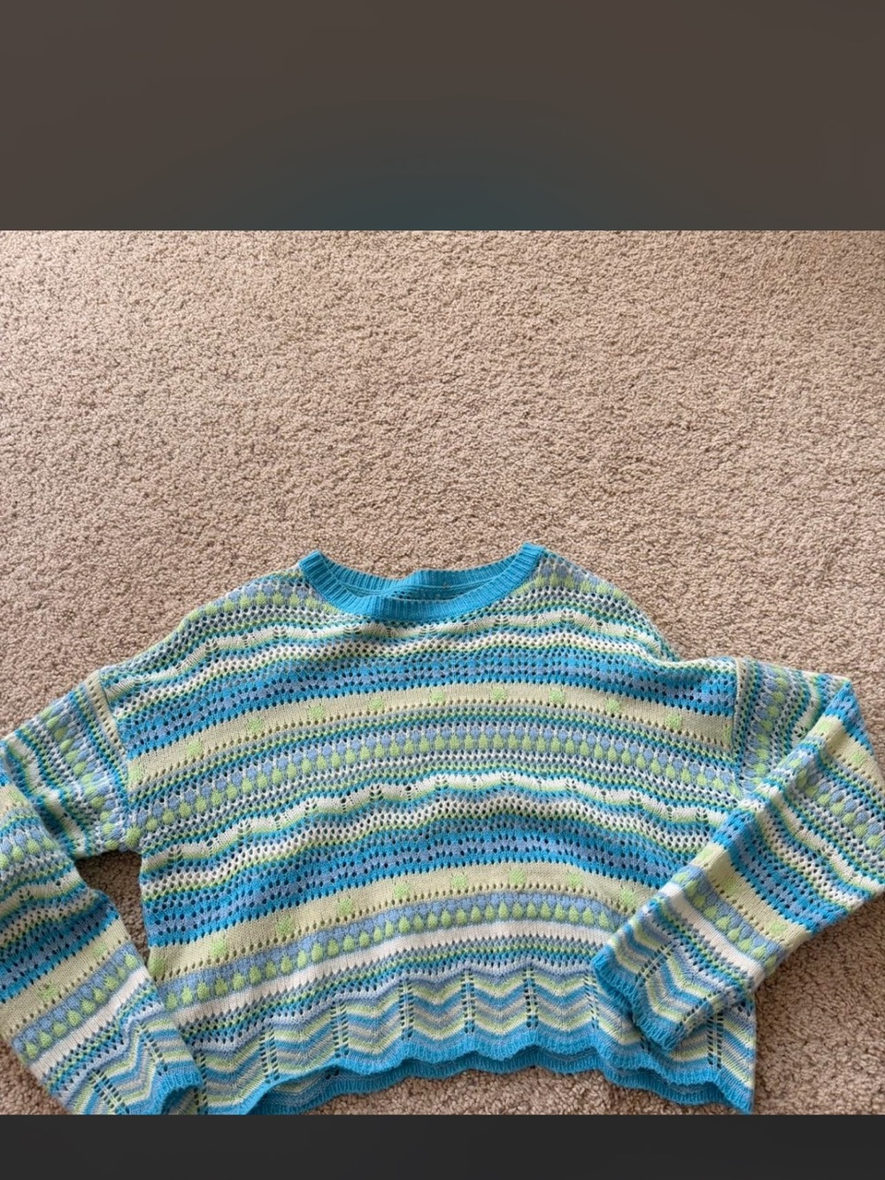 SHEIN Blue Green Striped Crochet Sweater